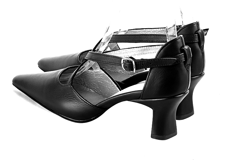 Satin black women's open side shoes, with crossed straps. Tapered toe. Medium spool heels. Rear view - Florence KOOIJMAN